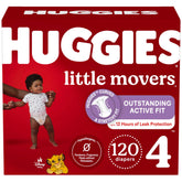 Huggies Little Movers size 4 diapers in packaging varies for flexible shopping options.