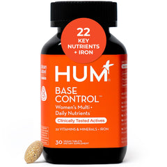 Hum Base Control bottle shows 22 vitamins for daily wellness