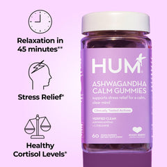 HUM Calm Ashwagandha Gummies bottle back label detailing ingredients.