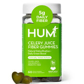 Hum Celery Juice Fiber Gummies bottle highlights gluten-free, plant-based gut support.