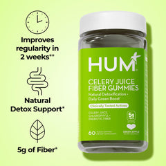 Hum Celery Juice Fiber Gummies close-up emphasizes chlorophyll-rich formula for detox support.