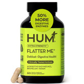 Hum Flatter Me bottle front view shows fast-acting digestive enzymes for debloating.