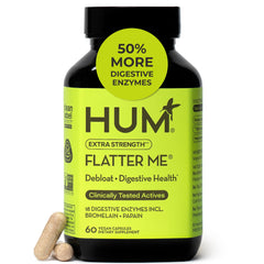 Hum Flatter Me bottle front view shows fast-acting digestive enzymes for debloating.