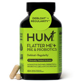 HUM Flatter Me bottle front showing fast-acting digestive enzymes for bloating support