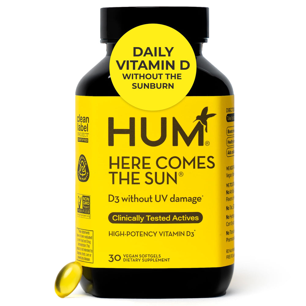 HUM Here Comes The Sun softgel bottle on display for daily immune support.