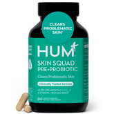 Hum Skin Squad bottle showing probiotic blend for clear skin and gut balance.