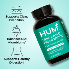 Hum Skin Squad capsules closeup illustrating daily use for skin clarity and digestive comfort.