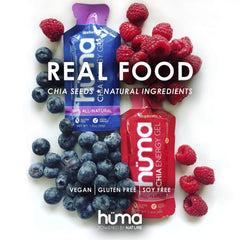 HÜMA Chia Energy Gel on trail setup for running fueling.