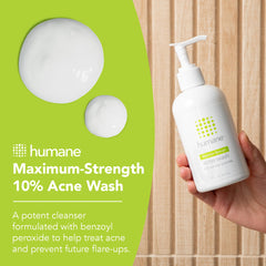 Humane Benzoyl Peroxide Acne Wash bottle back label with usage directions and SLS-free ingredients.