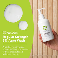 Humane benzoyl peroxide face wash non-foaming texture on damp skin for gentle cleansing