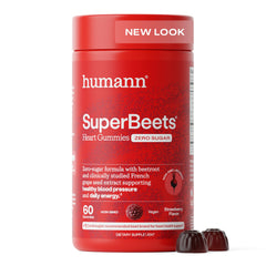 Humann SuperBeets Heart Gummies bottle front highlighting sugar-free energy support.