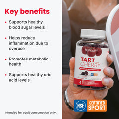 Humann Tart Cherry Gummies bottle on kitchen counter for convenient daily wellness.