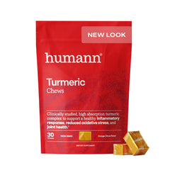 Humann Turmeric Chews bottle front shows orange citrus flavor for daily antioxidant support.