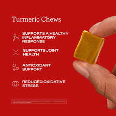 Close-up of Humann Turmeric Chew reveals bright orange citrus flavor and chewy texture.