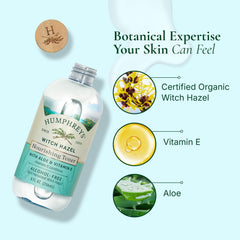 Toner bottle label highlights organic, alcohol-free formula and ethical sourcing