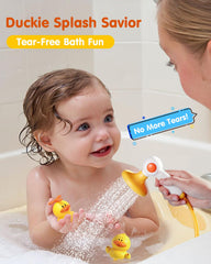 Humzo Duckie bath shower head shows four spray modes for varied water fun