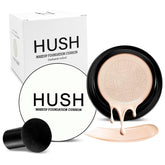 Hush Makeup Foundation Natural Glow swatch shows warm golden shade for light to medium skin.