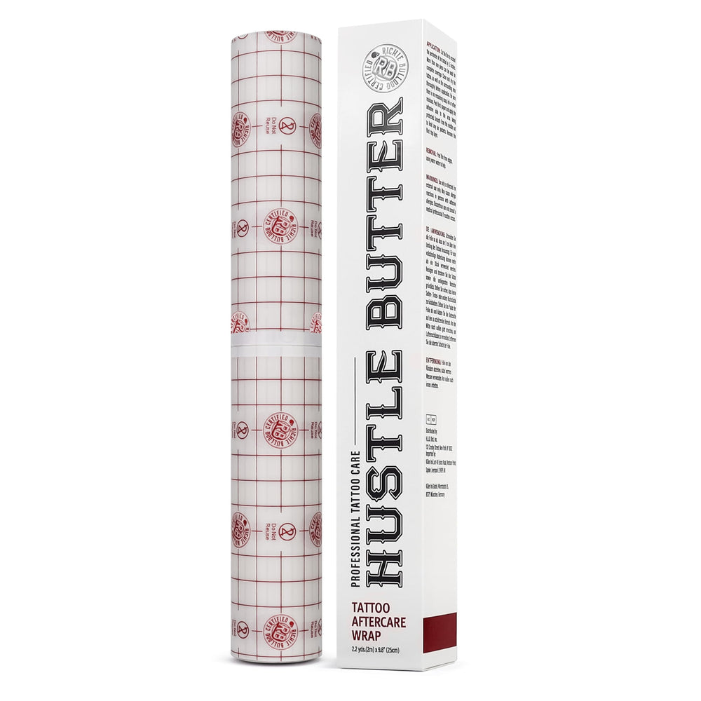 Hustle Butter Second Skin wrap roll provides protective coverage for fresh tattoos.