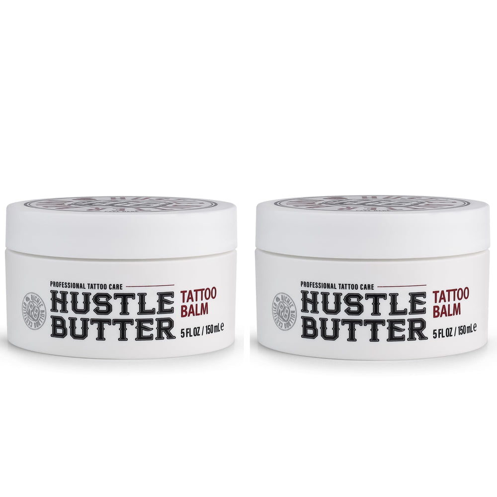 Hustle Butter Deluxe tattoo balm jar close-up showing natural ingredients for aftercare