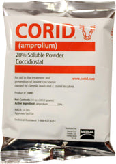 Huvepharma Corid 20% Soluble Powder for Calves packaging shown for herd treatment and prevention.