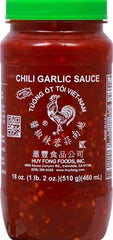 Huy Fong Chili Garlic label close-up for depth in soups and sauces.