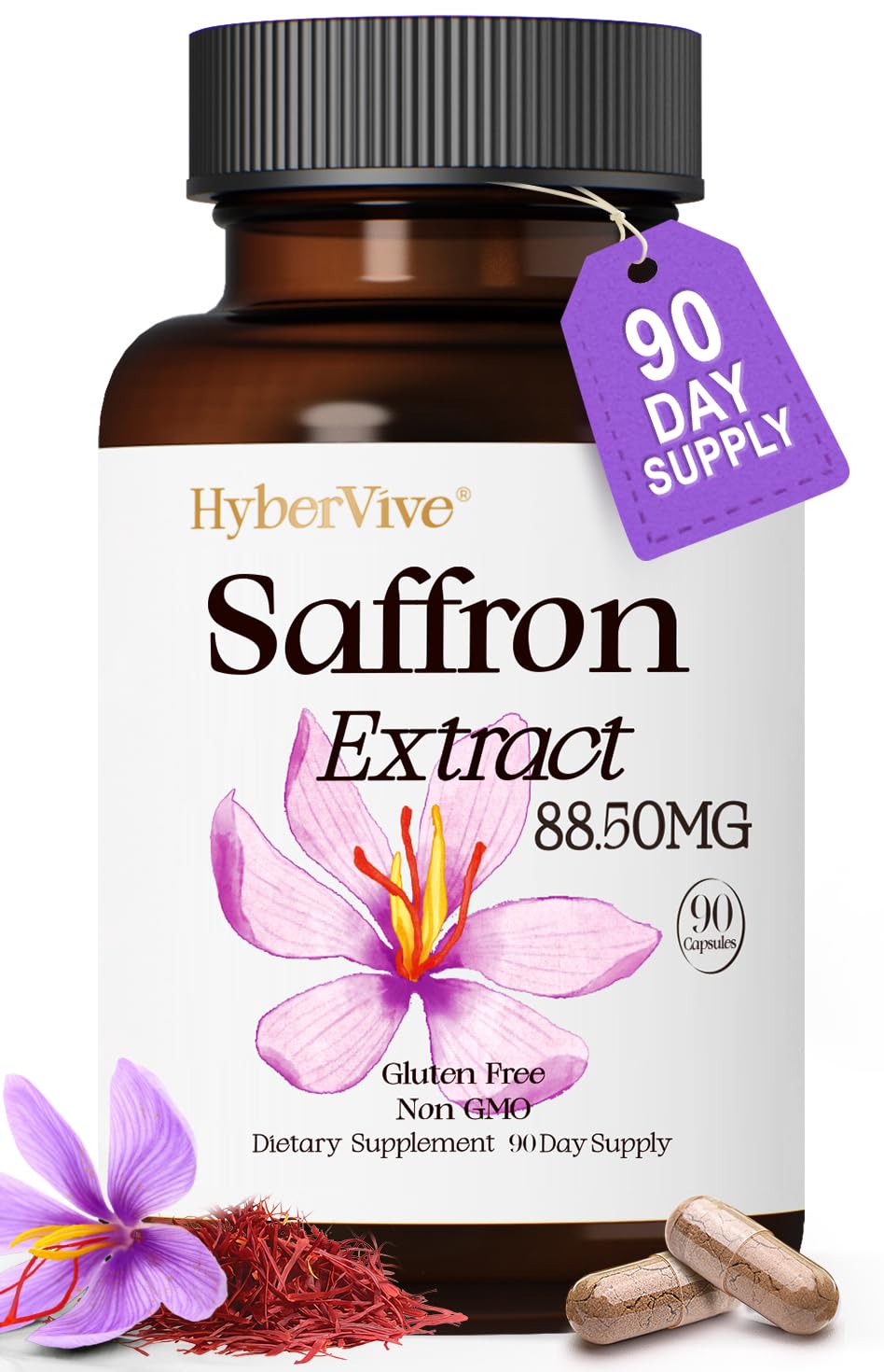 HyberVive saffron supplement bottle for daily mood and energy support.