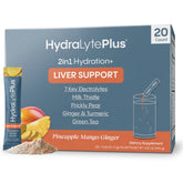 Hydralyte Liver Support bottle pouring into a glass for quick hydration.