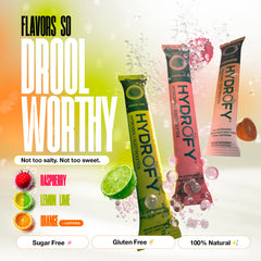 Hydrofy orange-caffeine packet with natural energy boost visualization.