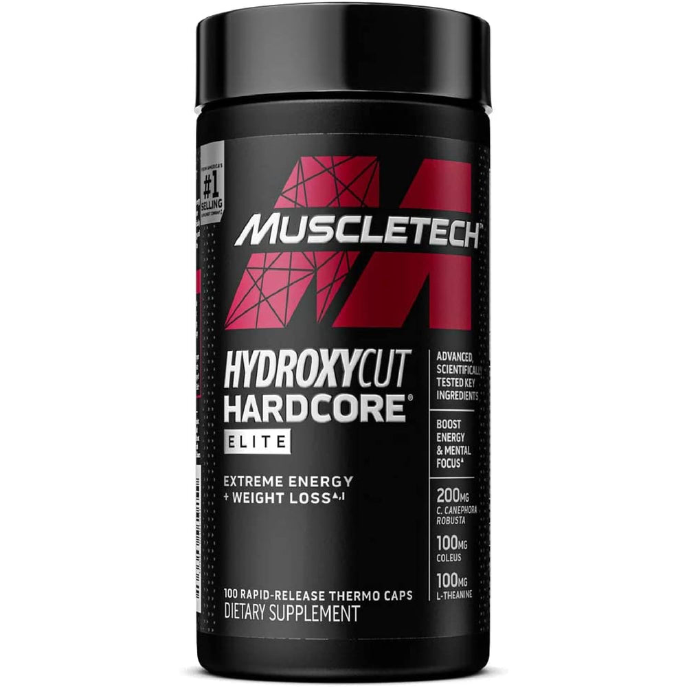 Hydroxycut Hardcore Elite bottle front emphasizes energy-boosting formula for workouts