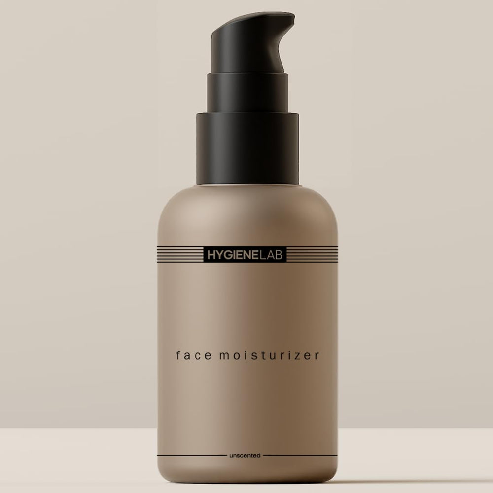 HygieneLab Face Moisturizer bottle demonstrates unscented, non-greasy hydration.
