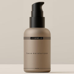 HygieneLab Face Moisturizer bottle demonstrates unscented, non-greasy hydration.
