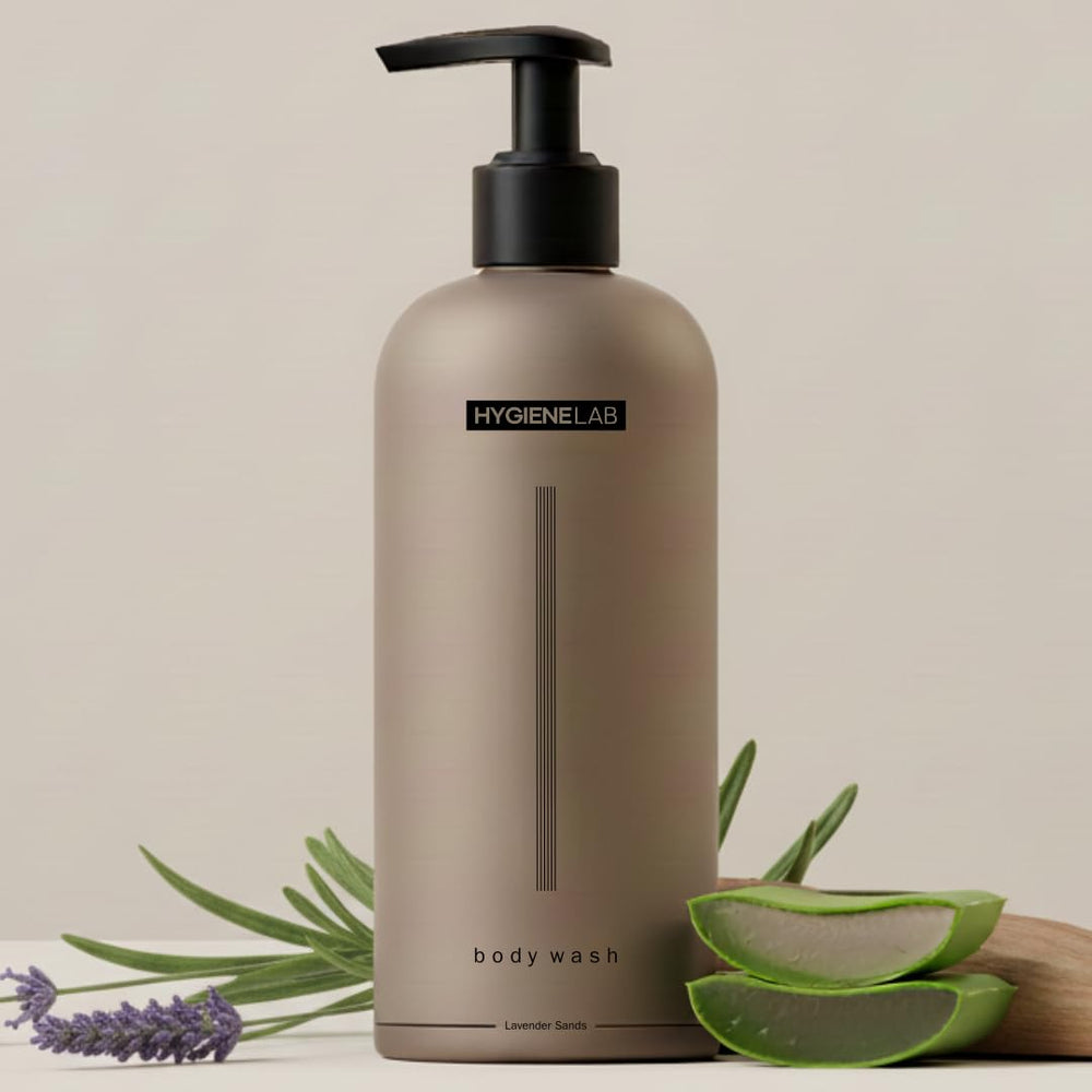 HygieneLab Mens Body Wash Lavender Sands bottle offers a refreshing, gentle cleanse.