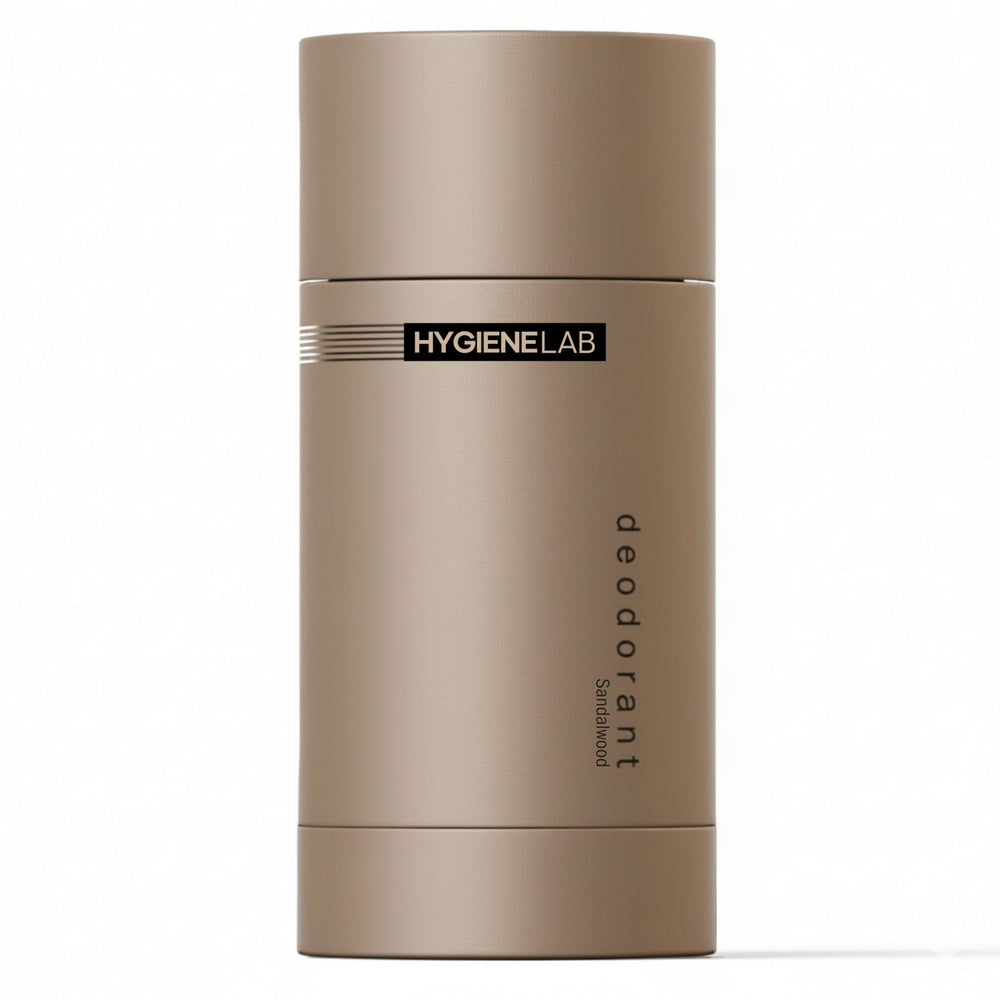 HygieneLab Men's Deodorant sandalwood packaging communicates clean safety and long-lasting freshness.