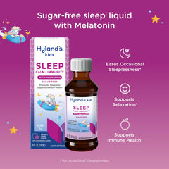 Hyland's Kids Sleep Calm Immunity label close-up shows sugar-free formula.