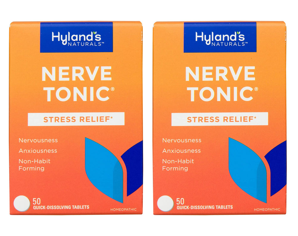 Hyland's Nerve Tonic box 2-pack shown for quick, natural stress support.