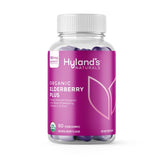 Hyland's Organic Elderberry Plus Gummies bottle shows 60 vegan servings for immune support