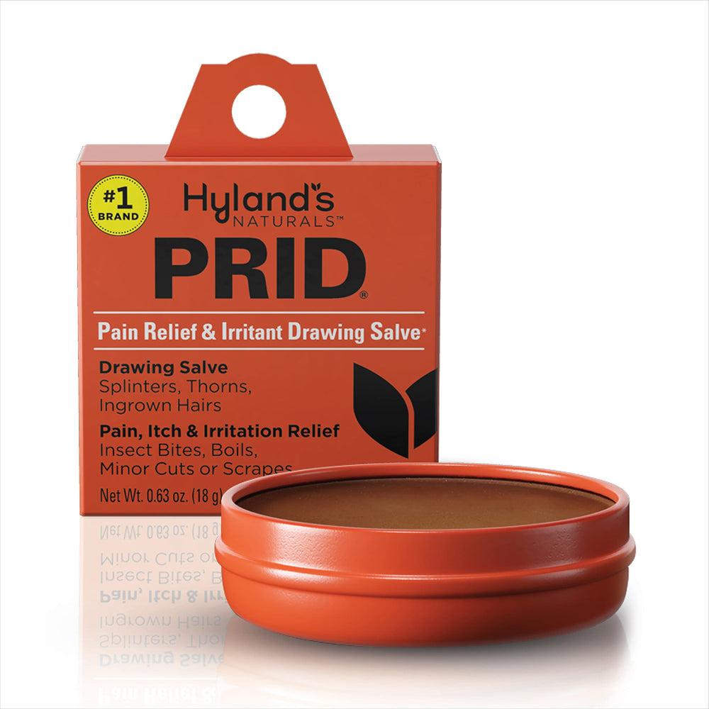 Hyland's PRID drawing salve bottle ready for skin support.