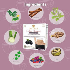 Hyleys Colon Cleanse Tea bags close-up, caffeine-free herbal relief for gentle digestion.