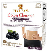 Hyleys Colon Cleanse Tea blackberry flavor box, convenient 50-count pack for daily digestive support.