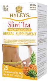 Hyleys Slim Tea Pineapple packaging showing 25 foil teabags for freshness.