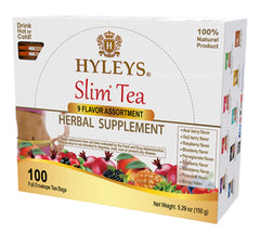 HYLEYS Slim Tea variety box front view showing convenient detox and digestion routine.