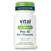 Hyperbiotics Vital Nutrients Pro-15 pearls bottle highlights convenient daily probiotic support.
