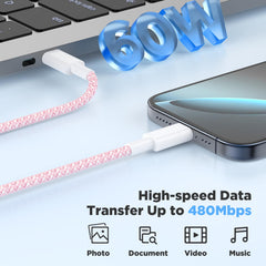 Hzevn pink braided USB-C cable, 10ft, long-distance charging from desk to sofa