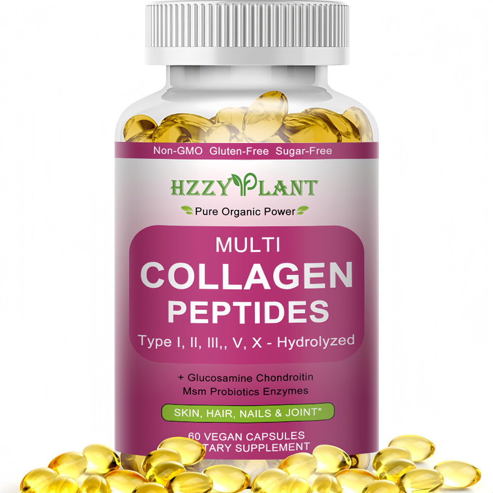 HZZYPLANT Multi Collagen Softgel bottle on countertop for daily beauty and mobility support