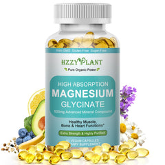 HZZYPLANT Magnesium Glycinate softgel bottle shows a 500mg dose for daily support.