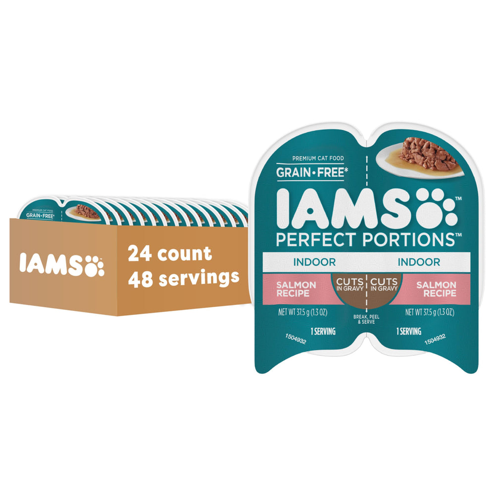 IAMS Perfect Portions salmon cuts in gravy tray with two servings