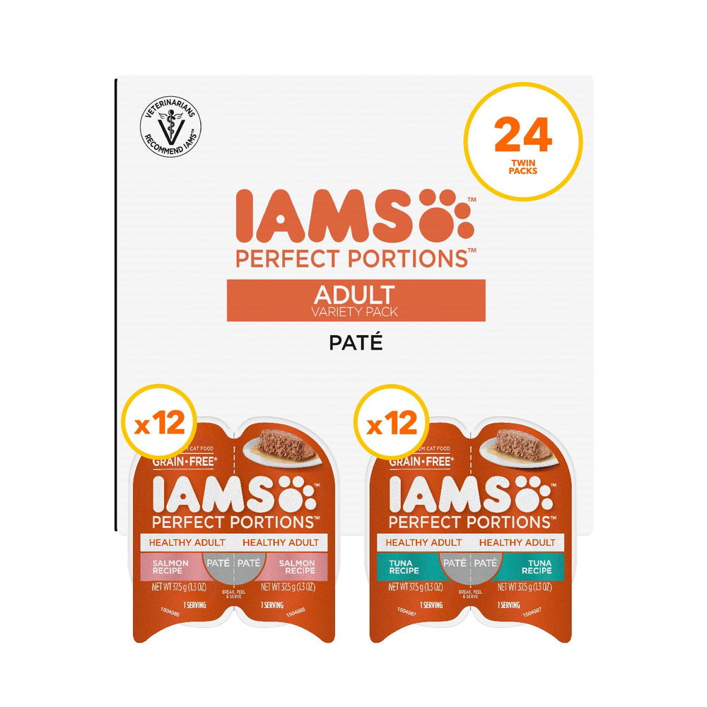 IAMS Perfect Portions salmon-tuna pate tray shows two fresh meals for indoor cats.