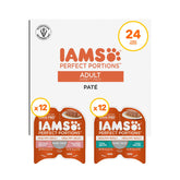 IAMS Perfect Portions salmon-tuna pate tray shows two fresh meals for indoor cats.