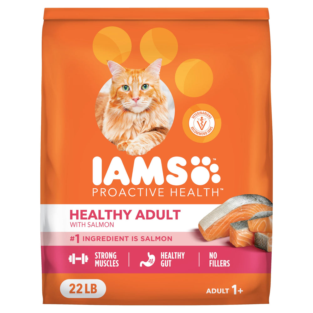 IAMS Proactive Health dry cat food real salmon for balanced feline nutrition.
