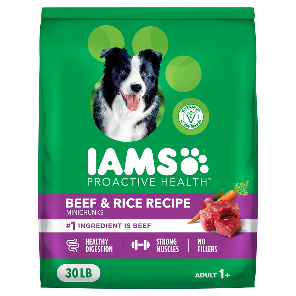 IAMS Proactive Health dry dog food bag front highlights beef as primary protein for large breeds